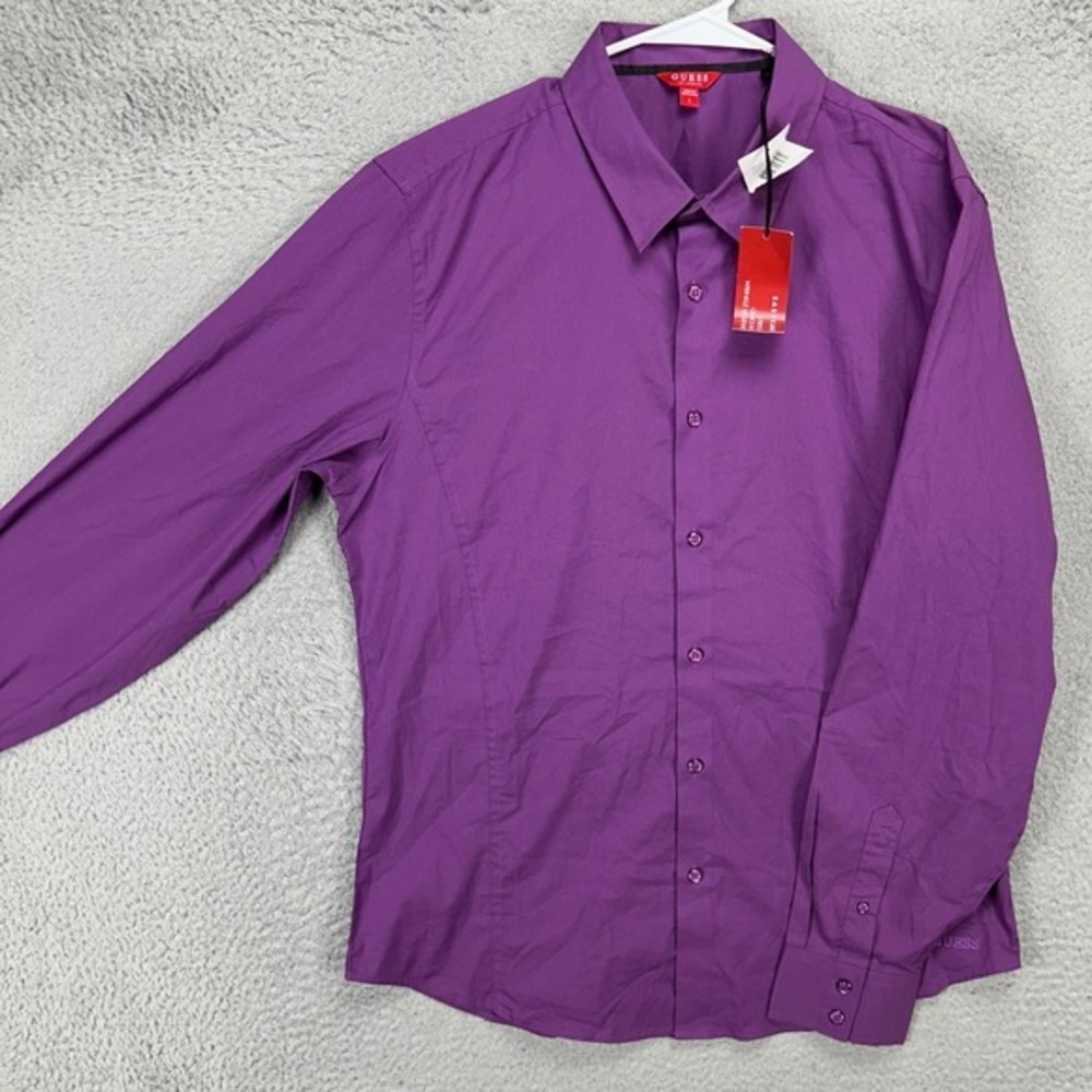 Guess Shirt Button Down Mens Large Purple Long Sleeve Stretch Casual Outdoor NEW